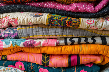 A stack of colorful quilts, with different fabric patterns and textures.
