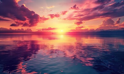 Obraz premium Vibrant sunset over serene lake early in the morning with beutiful reflection in still water