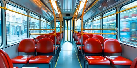 Interior of empty bus with red seats and yellow railings. Concept Transportation, Bus Interior, Red Seats, Yellow Railings, Empty Space
