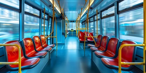 Fototapeta premium Interior of vacant bus with crimson seats and golden railings. Concept Bus Photography, Crimson Seats, Golden Railings, Interior Design, Vacant Spaces