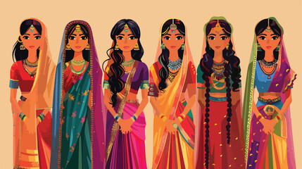 Set of different beautiful Indian women on color backgroud