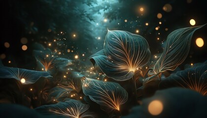 Fototapeta premium An abstract background image of Canna leaves with magical lights in a forest