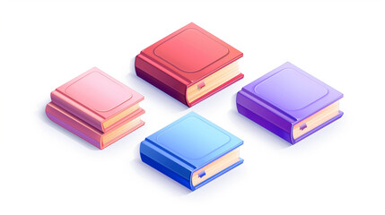 Four vector illustrations of books in varied colors on a white backdrop,