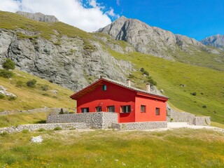 Preciosa house t&iacute;pica del norte de Europa en un paisaje aislado, casa roja aislada en la monta&ntilde;a