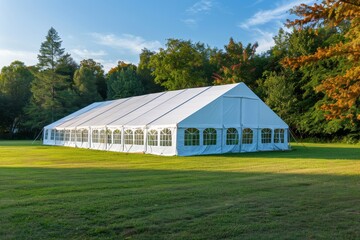 Fototapeta na wymiar White tent in green field for events