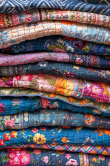 A stack of colorful quilts, with different fabric patterns and textures.