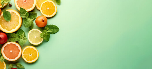 A green background with a variety of citrus fruits including oranges