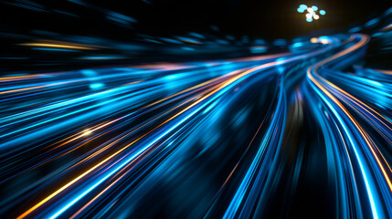 Light trail in blue lights on a dark background. Minimalist background design with blue path. Glowing objects. Abstract concept and linear perspective.