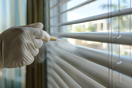 Person in a white glove holding brush and window