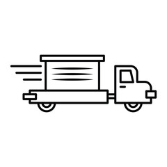Fast moving shipping delivery truck line art vector icon for transportation apps and websites, with white background.