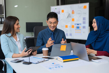 Group of  business team creative businesspeople coworker in office. Meeting Presentation for analysis graph company financial. People Work in Business Office.