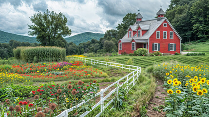 A New England farmhouse with rolling fields of wildflowers, and a vegetable garden enclosed by classic white picket fencing
