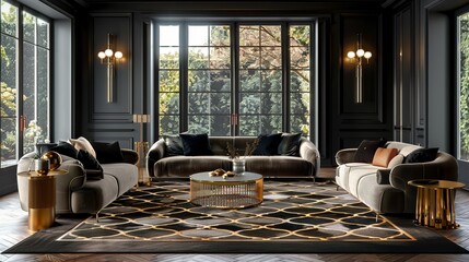 A modern take on traditional carpet prints, featuring minimal geometric designs with gold ornaments, painted in a palette of sophisticated colours 8K , high-resolution, ultra HD,up32K HD