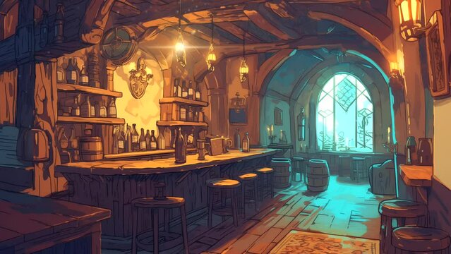 Fantasy medieval tavern interior with furniture and fireplace, adventurers relaxing. Looping time-lapse animation background.