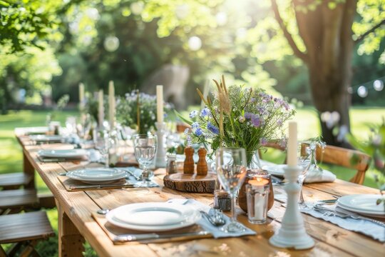 Wooden table arranged for outdoor event