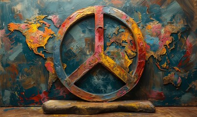 Fototapeta premium Painting of a peace sign resting on a wooden surface