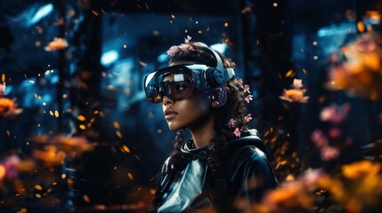 Fototapeta premium Futuristic Woman in Virtual Reality Headset Surrounded by Vibrant Digital Flowers