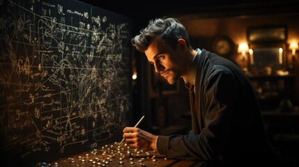 Brilliant Young Mathematician Solving Complex Equations on a Blackboard in a Dimly Lit Room