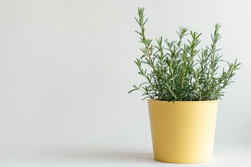 Obraz premium Yellow pot with rosemary plant on white background