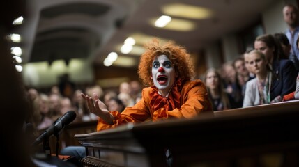 Clown Giving Speech in a Courtroom Filled with People in Justice Setting