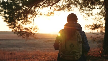 young woman hiking, woman backpack sunset, female traveler relaxation, hiker pine forest, adventure woman weekend, solo traveler dream, happy hiker nature, young backpacker pine, outdoor sunset walk
