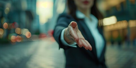 Handshake, offer, businessperson or lawyer introduction, welcome, legal deal, success, or meeting. Attorney or advisor shaking hands for cooperation, thank you, or banner mockup agreement