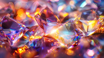 Close up of shiny diamonds on table