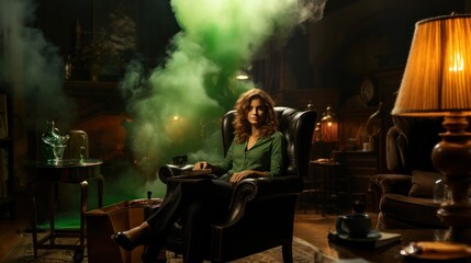 Talented Female Director Sitting in Chair in Atmospheric Studio with Green Smoke