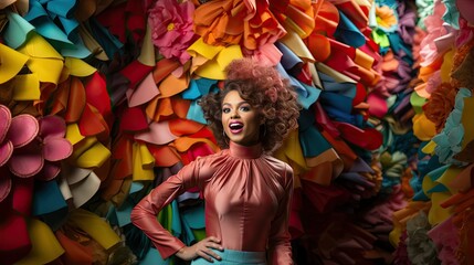 Vibrant Female Circus Master in Colorful Costume Amidst Floral Background