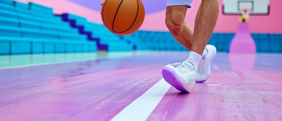 Closeup of an athletic basketball player dribbling fiercely on an indoor court, capturing the essence of competition and the excitement of the game
