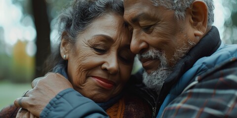 Obraz premium Seniors can rest and hug in parks, gardens, and nature for love, care, and serenity. Partner retirement, support, and marriage for romance, quality time, and outdoor