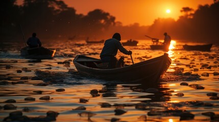 Fisherman of Mekong River in Action During Sunrise with Glowing Orange Hues