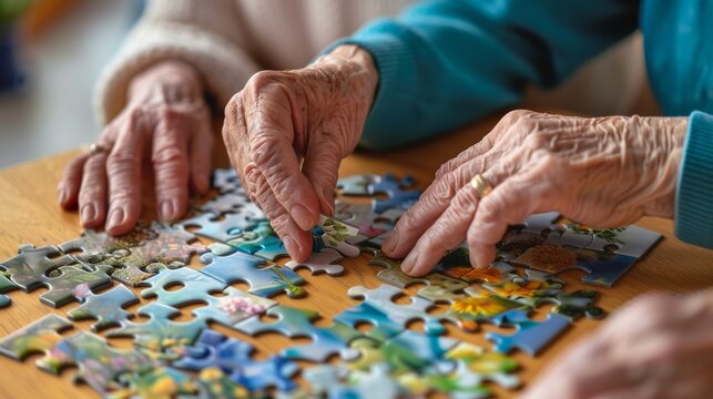 Senior couple at home for bonding, pleasure, and relaxation with puzzle on table. Man and woman in retirement, marriage, and above with jigsaw for games, hobbies, and connection - Powered by Adobe