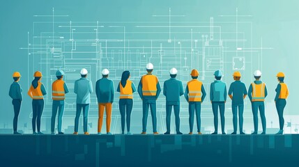 Illustration of a team meeting where the leader, wearing a safety helmet, directs the staff with a focus on structure and teamwork to succeed in their project 8K , high-resolution, ultra HD,up32K HD
