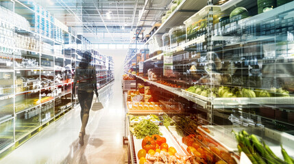 A woman gracefully glides down the grocery store aisle, her movement reminiscent of a choreographed dance routine
