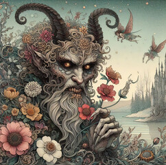 Illustrazione fiabesca di demone con fiori in stile romantico su scenario fantastico con castello