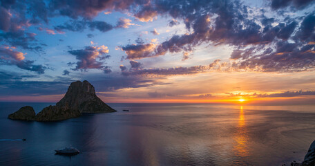 Es Vedrà island panoramic sunset view in Ibiza, Sant Josep de Sa Talaia, Balearic Islands, Spain