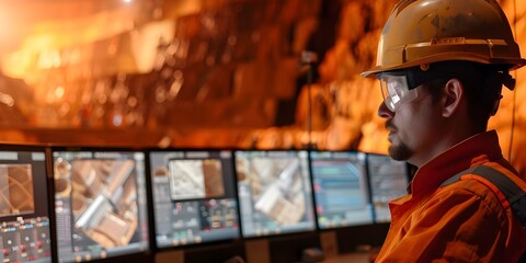 Obraz premium Engineers monitoring operations at mining site from control room. Concept Mining Site Operations, Engineer Monitoring, Control Room, Industrial Technology, Resource Extraction