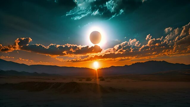 Spectacular solar eclipse over a dramatic desert landscape
