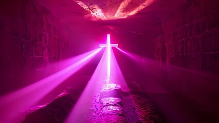 Mysterious underground tunnel with neon lights and christian cross
