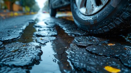 Close-up of a car tire on a cracked, wet road with puddles and autumn leaves.