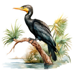 Cormorant, Bird Illustration. Watercolor Style. AI Generated