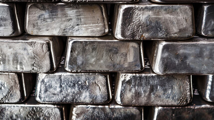 A close up view of a pile of gleaming silver bars, freshly smelted at a metallurgical plant, stacked in a mesmerizing arrangement