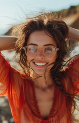 Naklejka premium Smiling brunette with clear glasses and red top exudes confidence and joy effortlessly