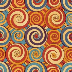 Seamless pattern of groovy retro patterns like swirls and circles, creating a mesmerizing and hypnotic effect on your gift wrap, Generative AI