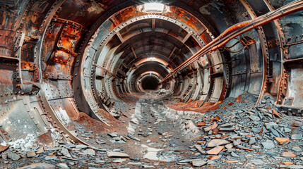 Explore an abandoned train tunnel filled with rusted tracks, decaying walls, and scattered rubble,...