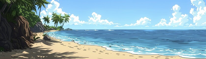 Fototapeta premium Cartoonish and vibrant beach holiday essentials setup, perfect for animations or children's book illustrations.