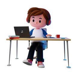 PNG transparent 3D render illustration of male, boy teenager wearing headphone working, using computer on desk with books, a cup of coffee, and plant pot , work from home concept