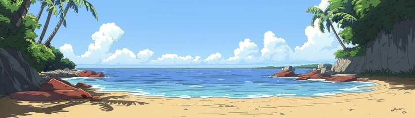 A whimsical and colorful beach vacation must-have arrangement, ideal for animated scenes or kids' book drawings.