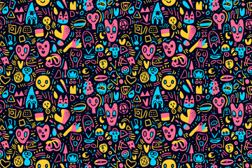A colorful and abstract design with many faces and shapes
